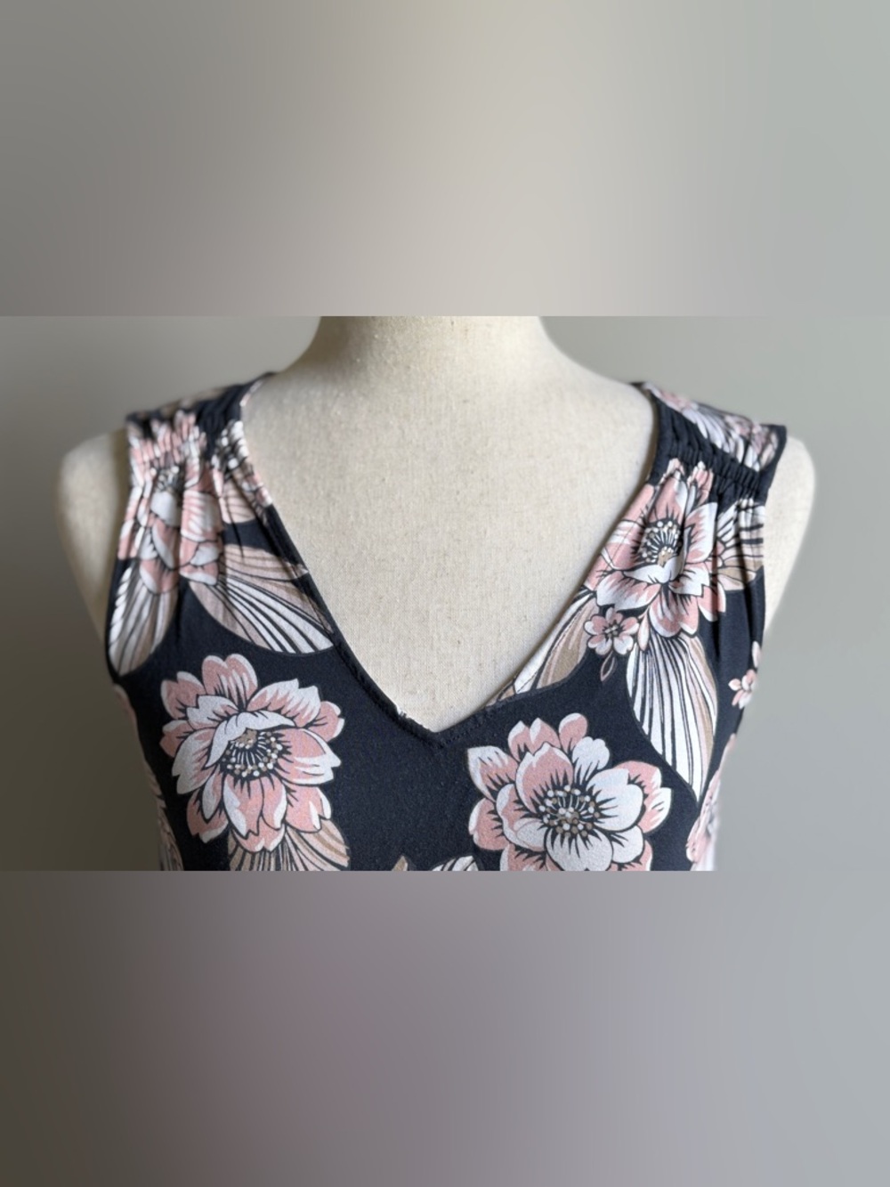 LOFT Sleeveless V-Neck Navy Swing Dress with Soft Pink and White Floral Print - Picture 2 of 5